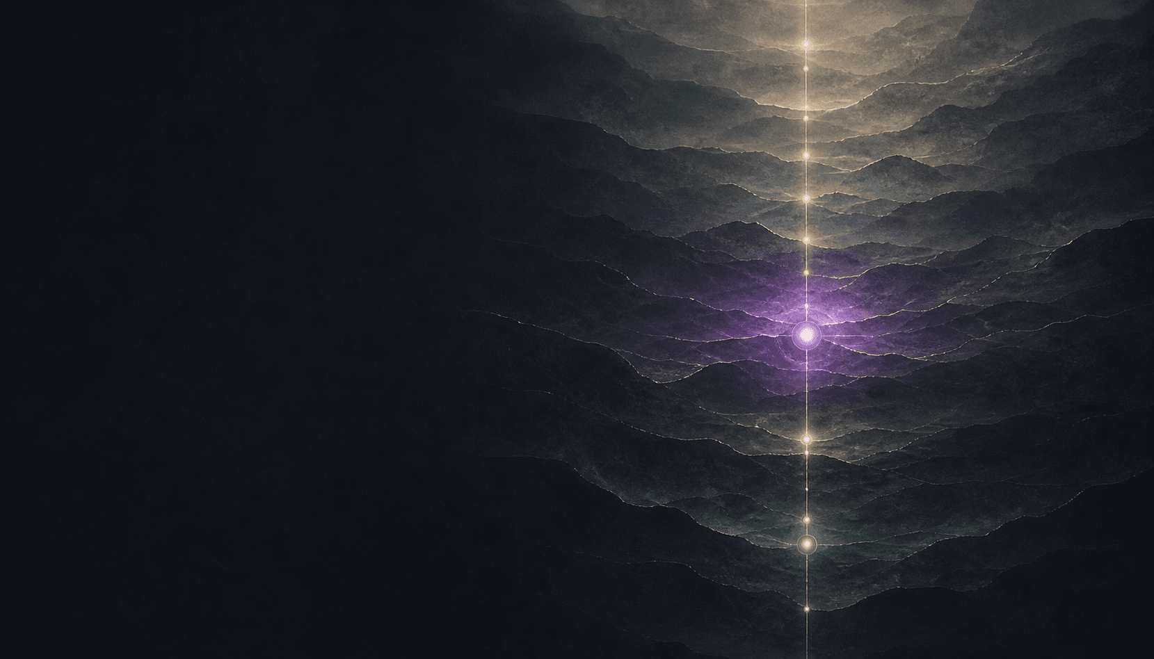 An abstract timeline passing through layers of memory, with violet anchor and green present markers